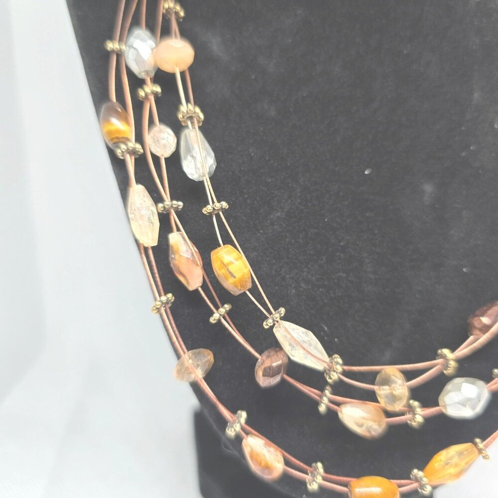 Boho Multi Strand Beaded Necklace Brown Cord Amber Gold Tone Stone Necklace - Picture 3 of 6